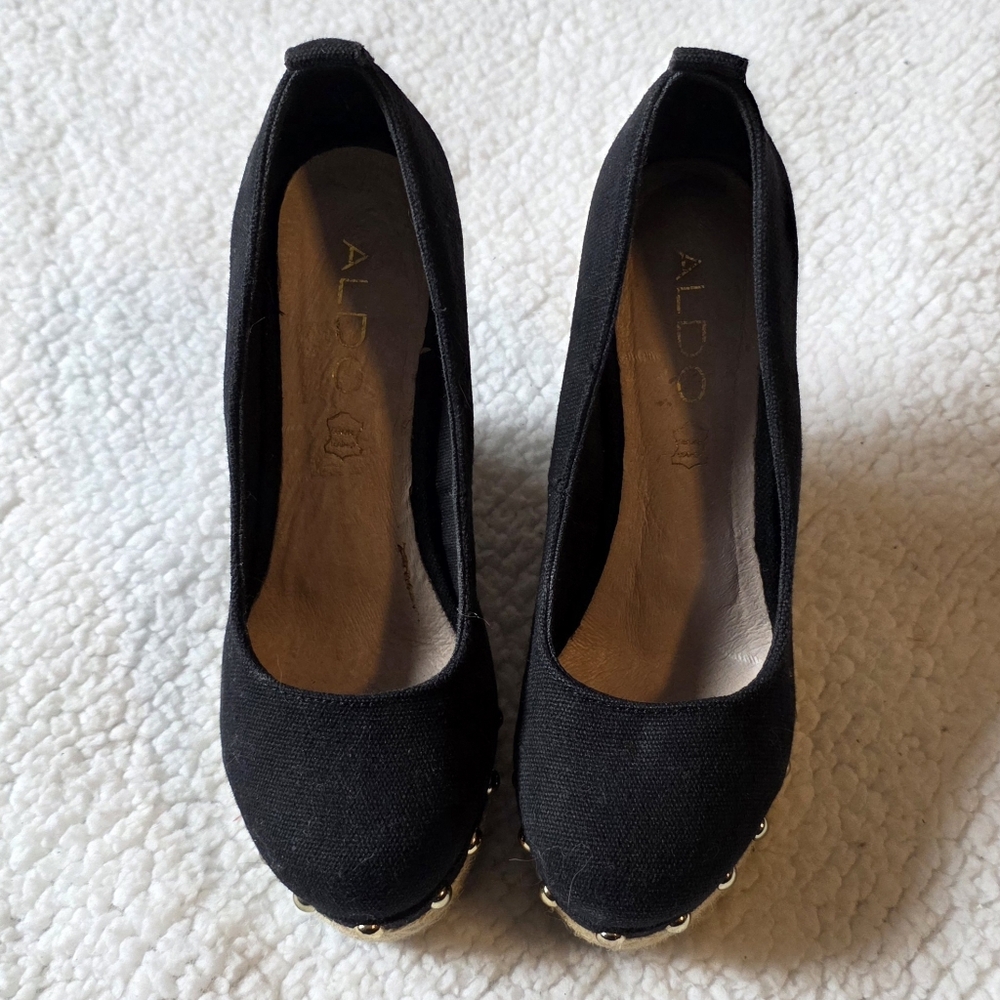 Aldo black wedge espadrille heels with gold studs - Picture 2 of 5